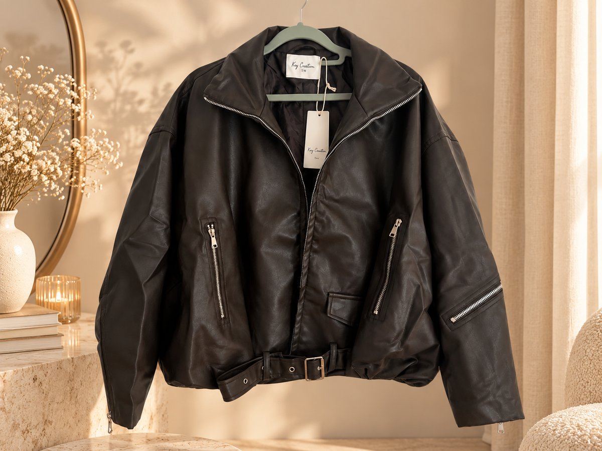 Veste LUNA – Simili cuir chocolat à ceinture