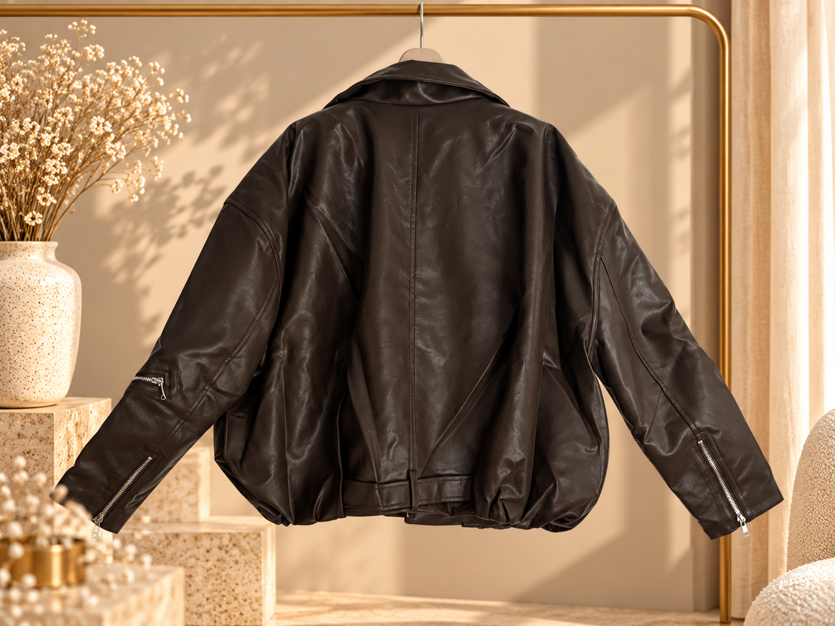 Veste LUNA – Simili cuir chocolat à ceinture